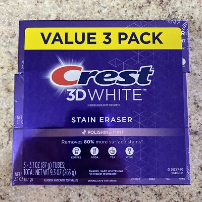 Crest 3D Stain Eraser Toothpaste, Polishing mint, 3.1 oz, 3 Pack 02/26
