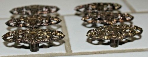 6 Vtg Brass French Knobs Drawer Pull Ornate Filigree Cupboard Cabinet Hardware - Picture 3 of 6