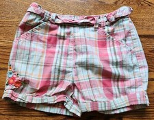 Gymboree Shorts Girls' 5T Pink/Olive/Orange Plaid w/ Floral Embroidery