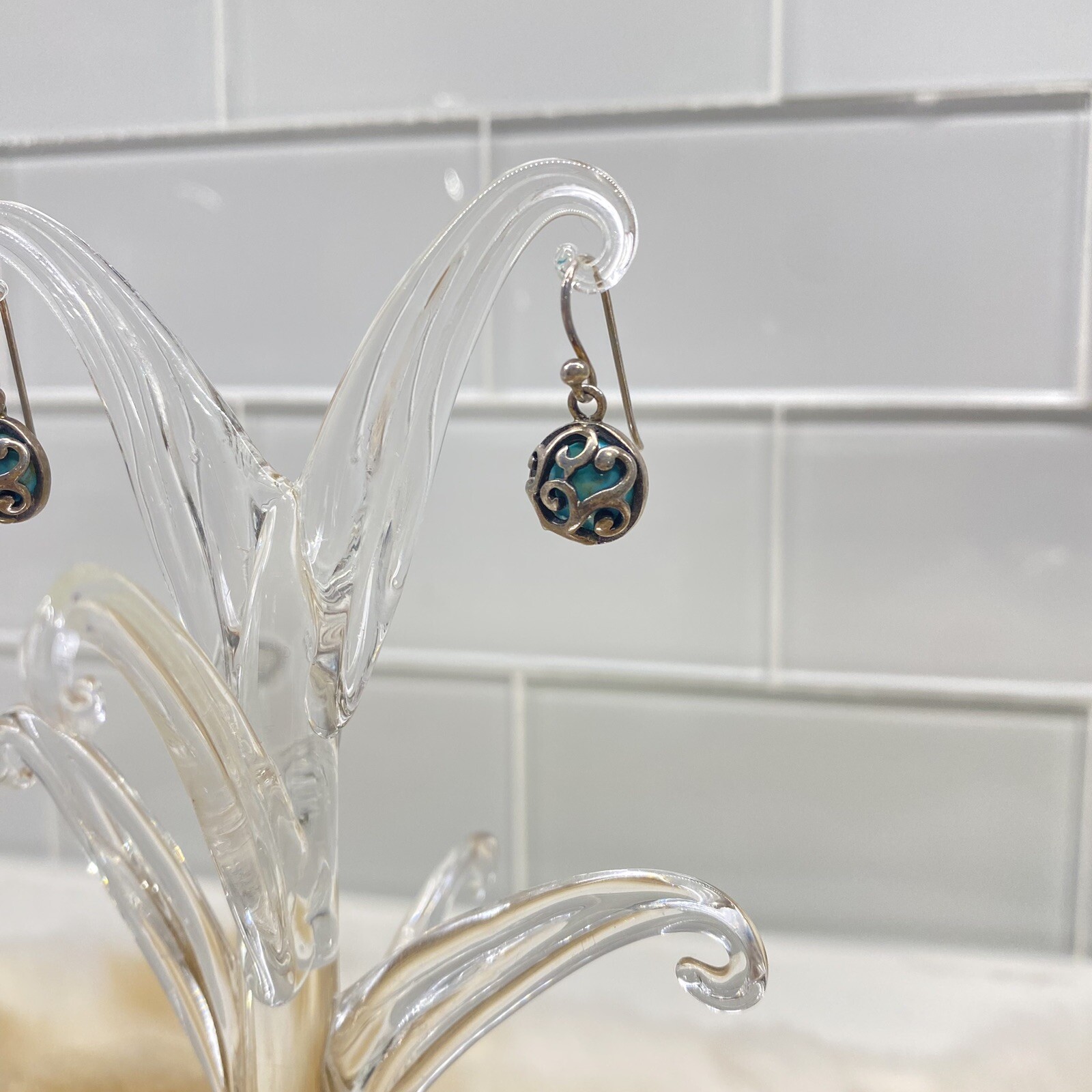 Sterling Silver Scroll Cage Cabochon Turquoise Ho… - image 3