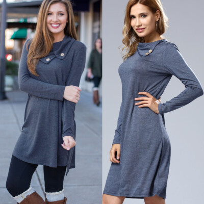 Women Long Sleeve Dresses Lapel Shirt Dress Casual Fall Cotton Dress with  Button | eBay