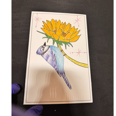 Folded Greeting Card Birds Floral White Yellow Blue Prison Art