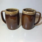 Vintage Hull Pottery Brown Drip Glaze 5” Mugs Cup Stein Set Of 2 READ