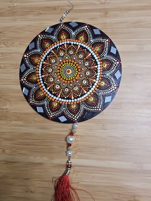 Mandala Dot Painting on Round Wooden Board 6x6 inches bright red wall hanging