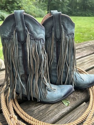 Circle G Woman s Blue /Black  Tone Leather Fringe Snip Toe COWGIRL BOOT S 7 1/2