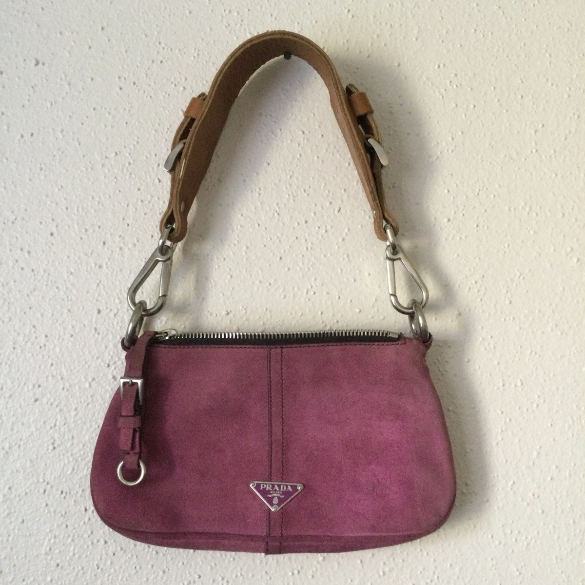 Vintage 90s PRADA Scamosciato Suede Pink Shoulder Bag Armpit Metal