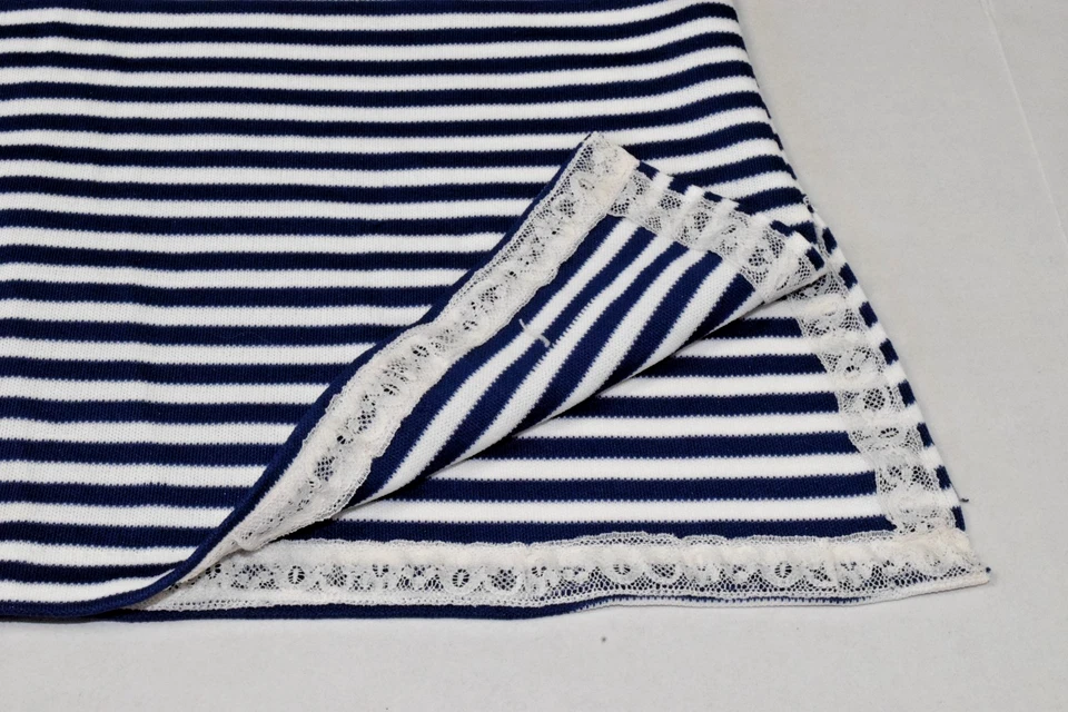 Vintage Shirt Size S/M 60s Navy Blue White Stripe Poly Pleated Sleeve Back Zip - Image 4 of 4
