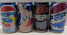 1990 Pepsi Cola 12oz "Cool Cans" (Empty) neon, surfer, sunglasses,party SET OF 4