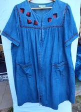 Go Softly Patio House Dress Mumu XL Plus Jean Denim Floral Embroidered Comfy