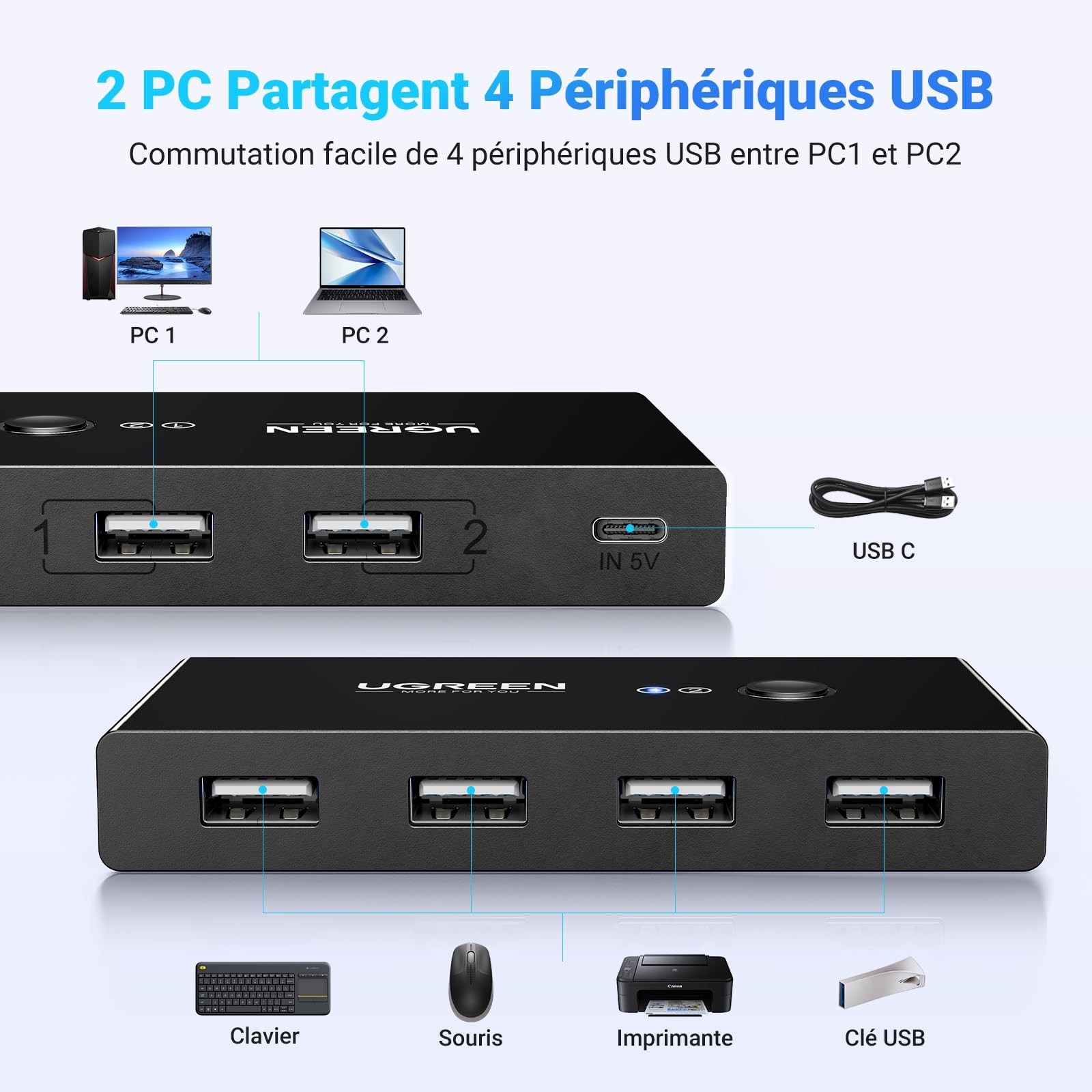 Boîtier Commutateur USB 2.0 pour Connecter 2 Ordinateurs à 1 Clavier unique - 2