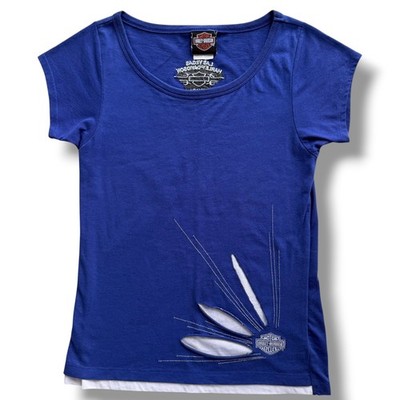 Harley-Davidson Women M Blue Cut-Out Layered Las Vegas Embroidered Tee Y2K Biker
