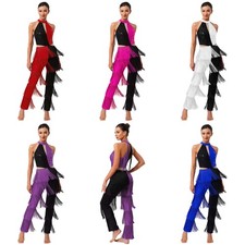 Womens Jumpsuit Jazz Rompers Dance Bodysuit Tassel Costume Stage Performance