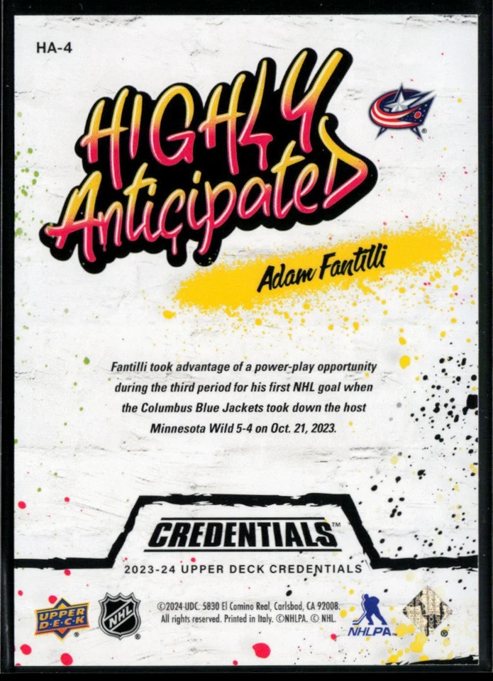 2023-24 Upper Deck Credentials Highly Anticipated #HA-4 Adam Fantilli RC - Image 2 of 2