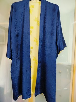 Vintage Double Face Kimono Damast blau und gold mit Gürtel