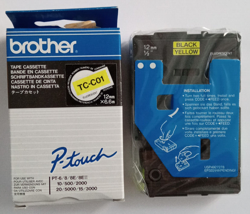 1x BROTHER TC-C01 P-touch 12mm BLACK / YELLOW fluorescent PT-6, 8E 10 500 2000 - 第 1/2 張圖片