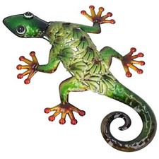 Gecko verde metálico jardín/hogar arte de pared adorno regalo con gancho colg...