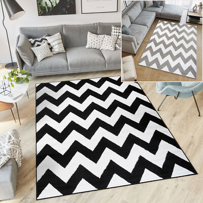 Teppich Zick Zack Muster Grau Schwarz Modern Kurzflor Wohnzimmer Schlafzimmer