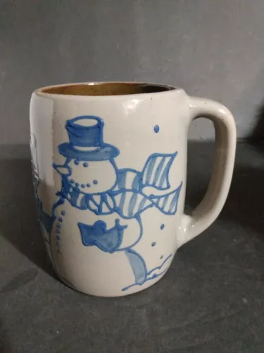 1997 Beaumont Brothers Pottery Mug 16 oz 4.5" Tall BBP Blue Snowman Salt Glazed!