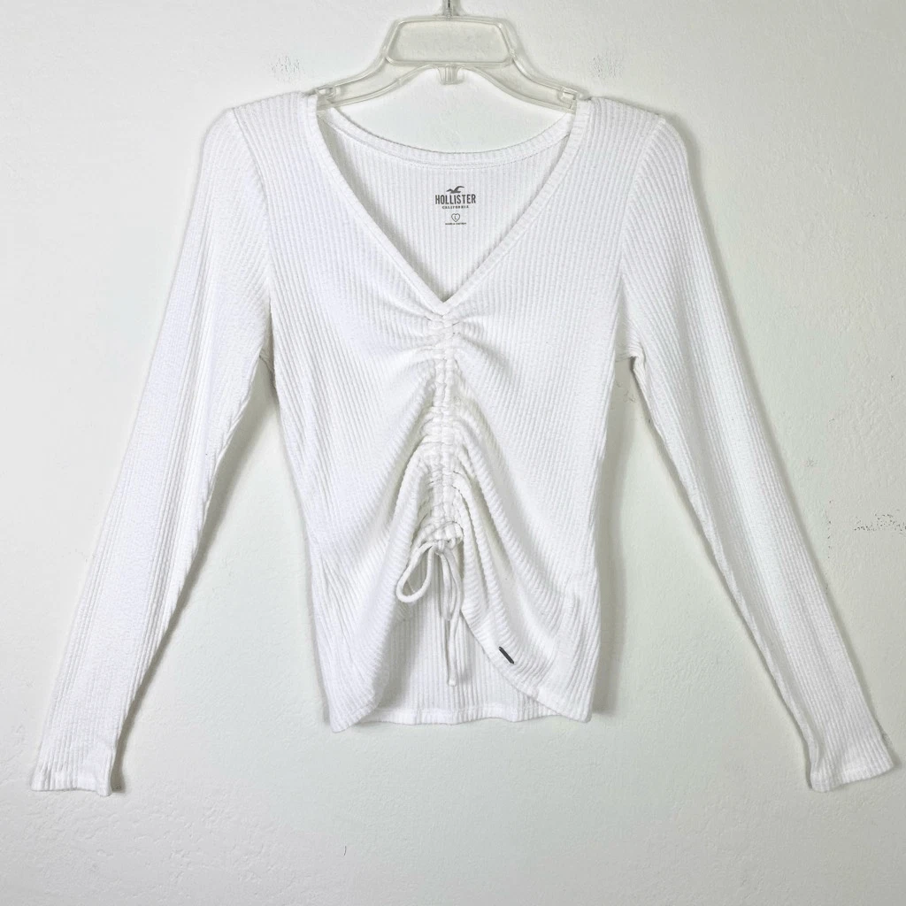 Hollister White Ribbed Scrunch Tie Front Fitted Long Sleeve Knit