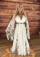 White chiffon V-neck printed evening gown elegant long sleeved train party dress