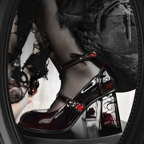 Damen Punk Gothic High Heels Lackleder Knöchelriemen Party Schuhe Lolita Pumps - Bild 12 von 12