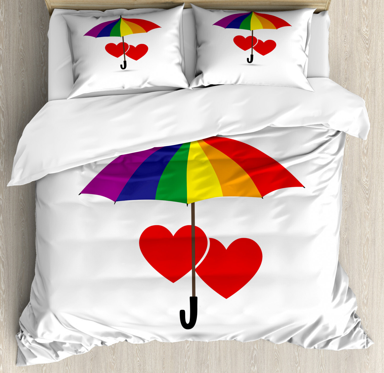 Rainbow Love Print Duvet Cover Set with Heart Umbrella Pillow Shams-image