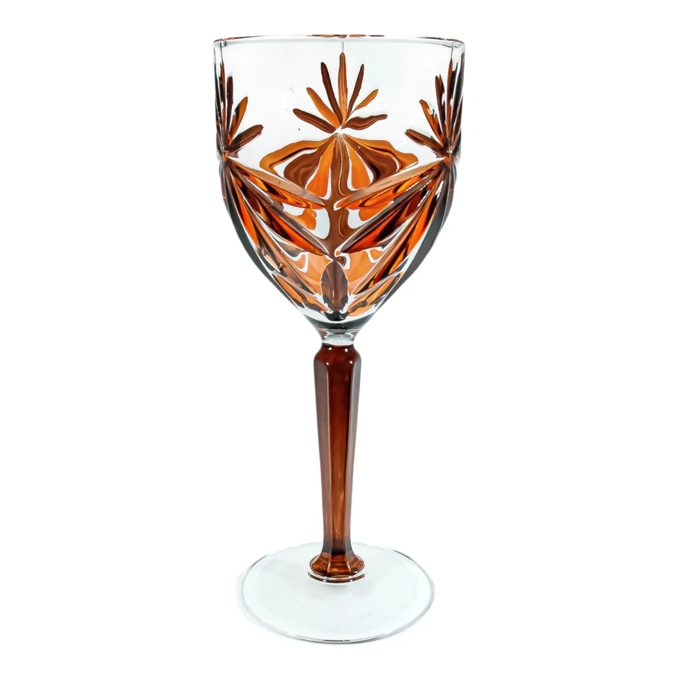 Pair of Orange Brown Murano Wine Glasses Hand Painted Dark Stem Venice 20cm - Image 3 of 4