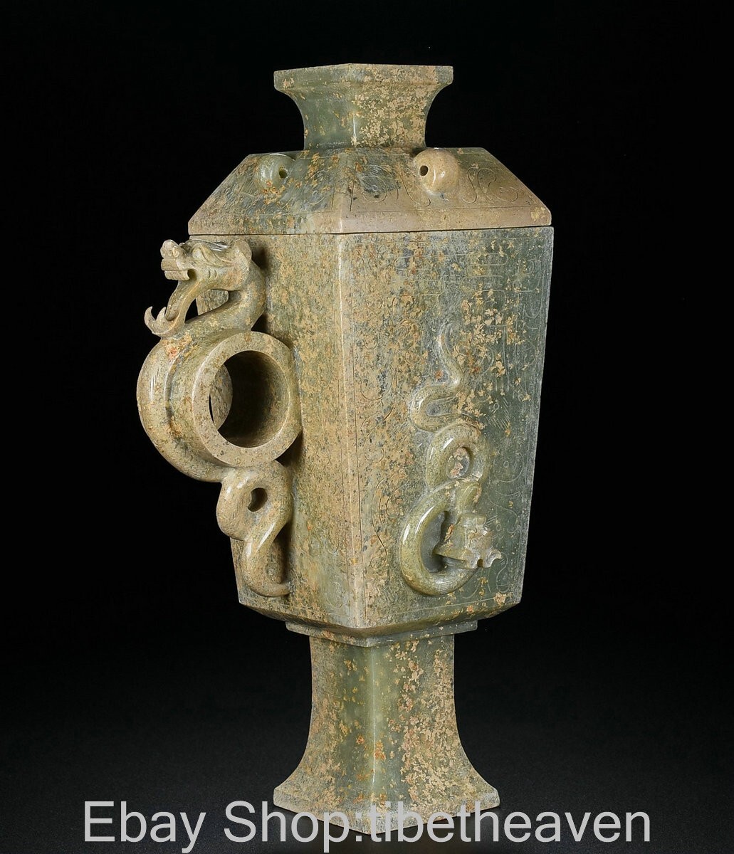 8.2" Old Chinese Hetian Jade Craving Fengshui Dragon Beast Sculpture Echelon Cup