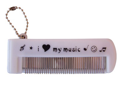 Foldable music print metal tooth comb with glass mirror and ball chain ...