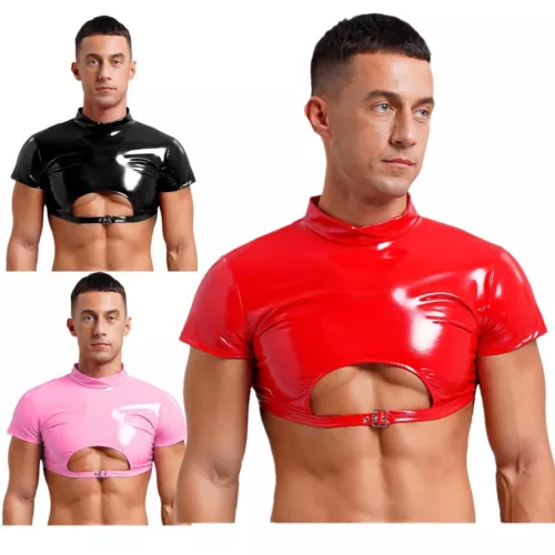 Mens Crop Top Shiny Clubwear Nightout Vest Party Half Tops Pole Dance Tank Top