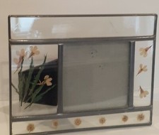 Vintage Leaded Glass Picture Frame w Dried Pressed Flowers Inside 3.25" x 3.25"