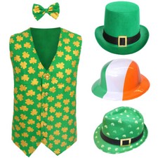 ADULTS 3 PIECE IRISH COSTUME SET WAISTCOAT BOW TIE HAT ST PATRICKS FANCY DRESS