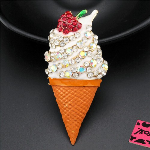 Cute White Rhinestone Strawberry Ice Cream Fashion Womens Charm Brooch Pin Gift
