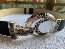 Chico  s Belt Womens Small/Medium Adjustable Black Leather Brass Silver Ring Hook