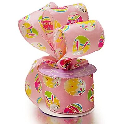 2.5'' Wide Pink Decorated Easter Eggs Wired Ribbon - 10 Yards (566012501)