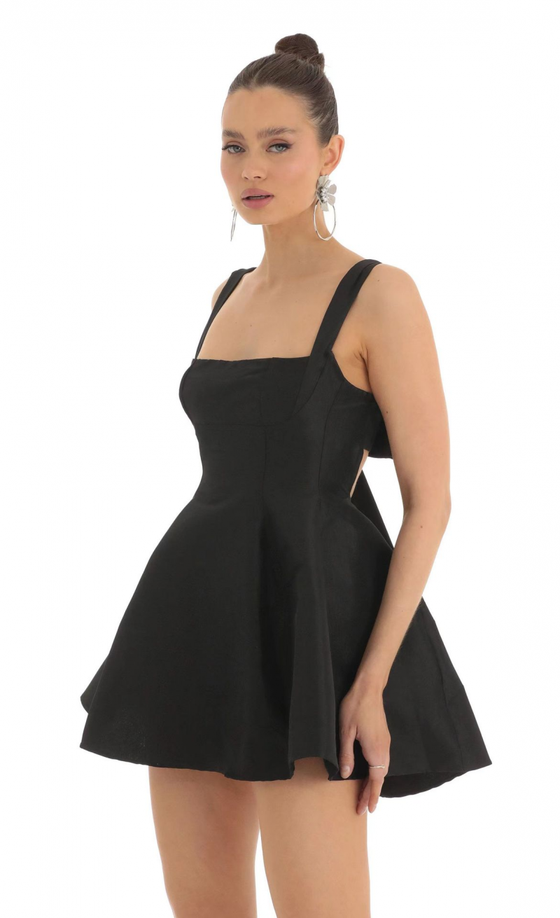 Women's Dress Summer New Solid Color Woven Drawstring Waist Bow Suspender Dress