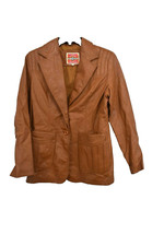 Ms Pioneer Women Tan Button Front Notch Collar Pleated Casual Leather Coat Sz 14
