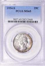 1954 S Washington Quarter PCGS MS65 Amber Rose Rim Toning U.S. 90% Silver Coin