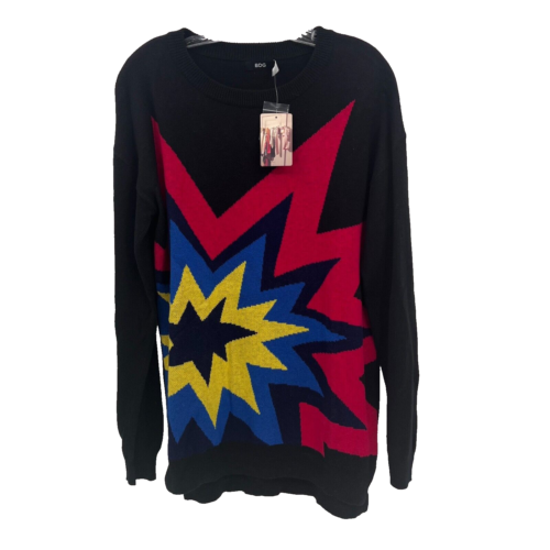BDG Women's M Black w/ Red/Blue/Yellow Starburst Crewneck Long Tunic Sweater NWT