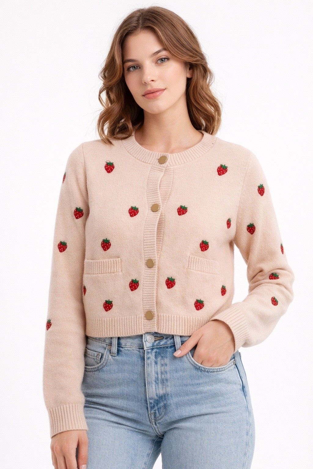 NVLT Strawberry Embroidered Cardigan Cropped Blush Knit Novelty NWT XXS