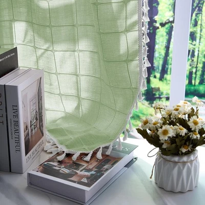 107x160cm Boho gestreifte Stangenpocket Pocket Vorhang mit Quaste Grün Karier... - Bild 1 von 4