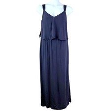 ZARA BASIC COLLECTION Navy Blue Maxi Dress Layered V Neck Slits Boho Flowing
