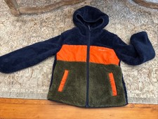 Eddie Bauer Full Zip Hooded Fleece Sherpa Jacket Boys Blue Orange S 7/8 EUC