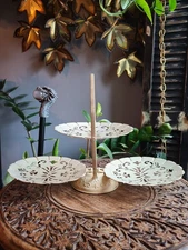 Vintage 3 Tier Folding Metal Serving Tray Filigree Scalloped Dessert Stand