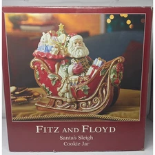 Fitz and Floyd Santa Sleigh Cookie Jar Retired Christmas Centerpiece in Box