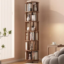 Solid Wood Rotating Bookshelf on Wheels, 6 Tier, Round Revolving Bookcase, 36...
