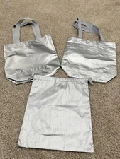 Athleta Metallic Silver Reusable Shopping Tote Gym Bag Gray Handle Gift Bag Set