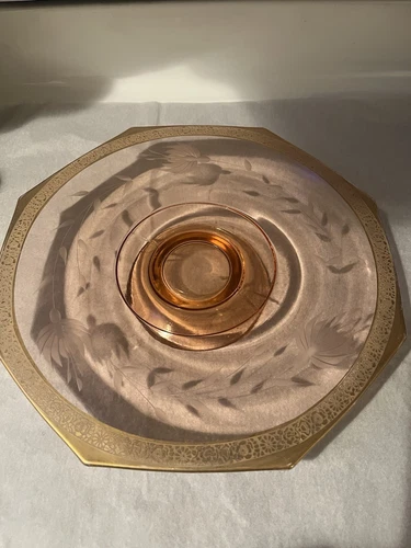 Vintage Pink Depression Glass Pedestal Cake Stand With Gold Edging