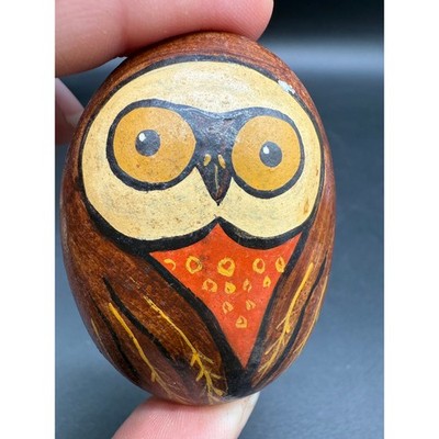 Vintage 1971 Hand Painted Rock Owl Folk Art Signed Stone Earth Rustic Woodland