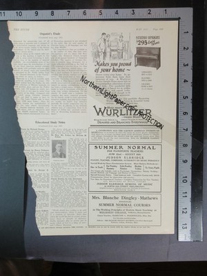 1927 ad WURLITZER Studio Upright piano + Judith Eldridge school of music